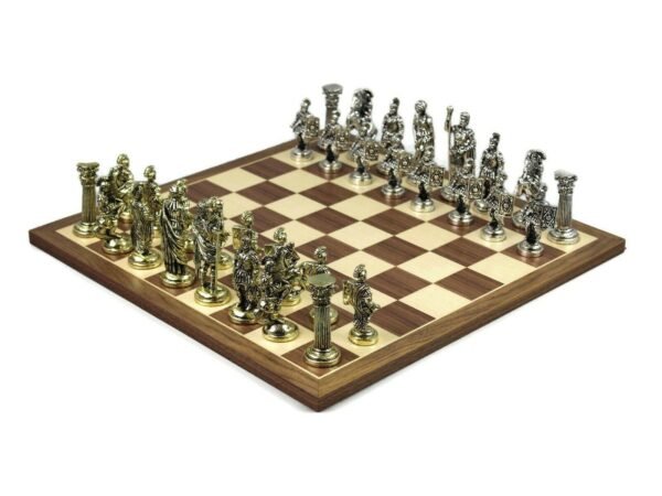 Metal Range Chess Set Walnut & Maple Board 18'' with Roman Metal Chess Pieces 3.8''