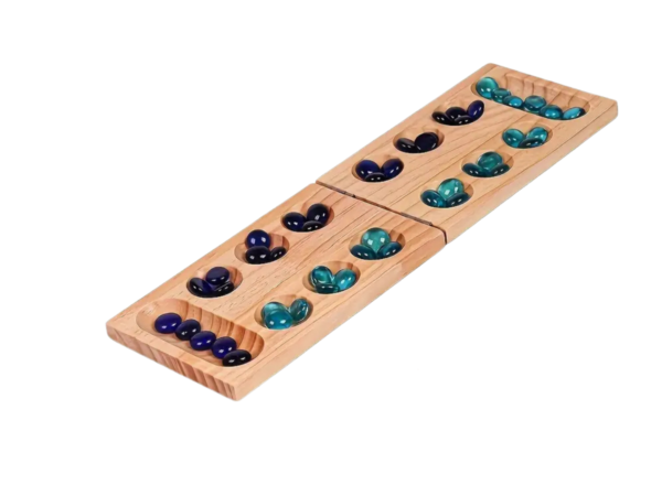 Mancala Kalaha Board Game with Folding Wooden Board Natural Stone Pebbles 13 Inch