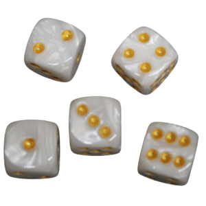 Pearl White Rounded Marble Effect 16 mm D6 Dice Roll Playing Dices with Yellow Dots