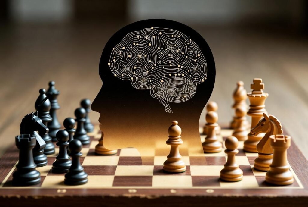 Intense chess duel between grandmasters, focused expressions, intricate pieces, mental acuity depicted.