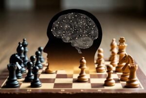 Intense chess duel between grandmasters, focused expressions, intricate pieces, mental acuity depicted.